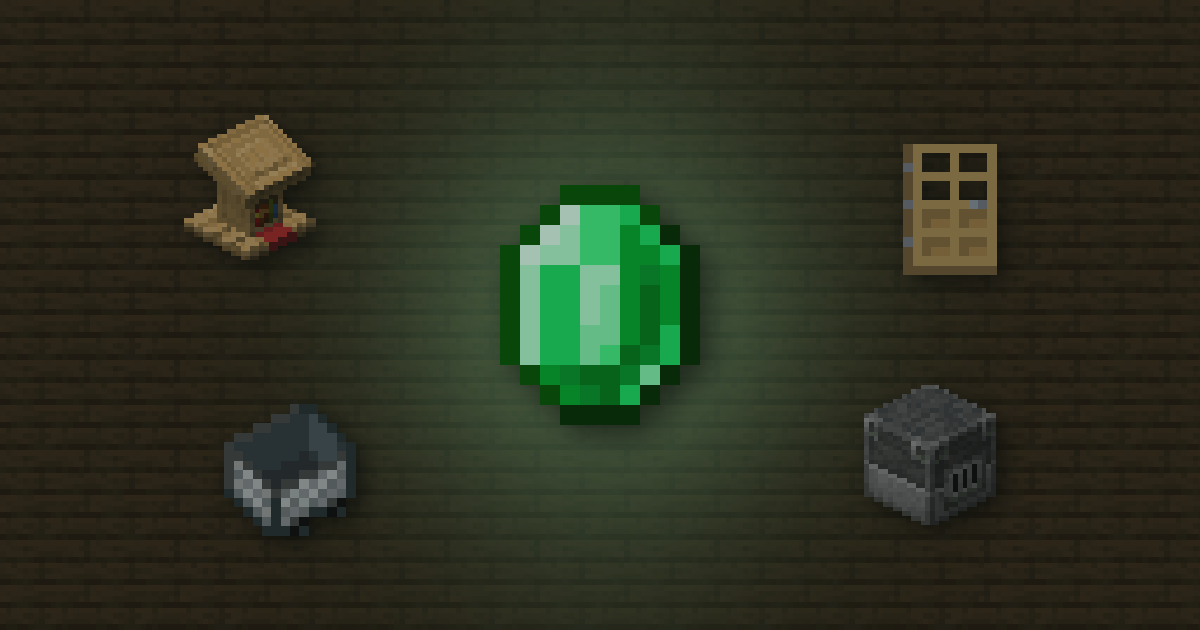 An emerald surrounded by a lectern, an oak door, a minecart and a blast furnace