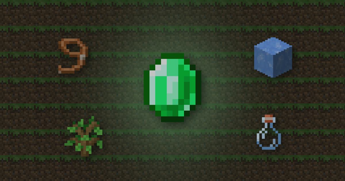 An emerald surrounded by a lead, blue ice, a sapling and a potion on grass