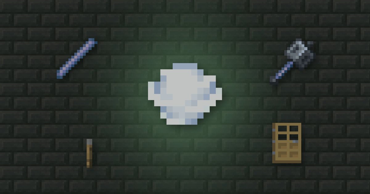 A wind charge surrounded by a breeze rod, a mace, a lever and an oak door on tuff bricks