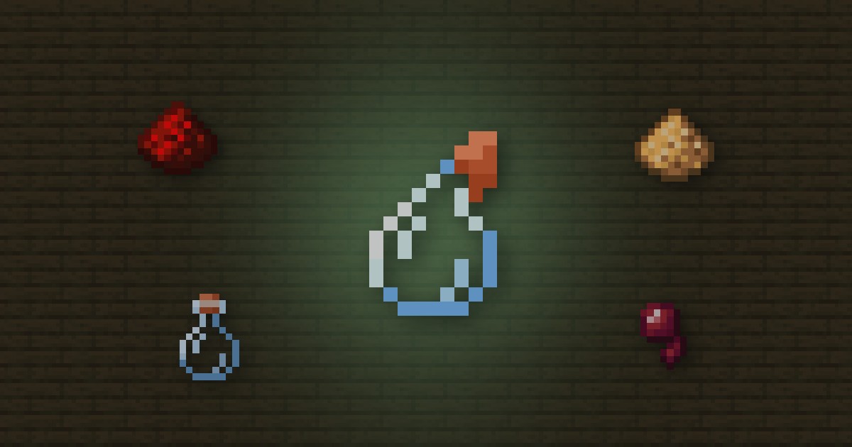 A splash potion surrounded by redstone, glowstone dust, a glass bottle and a spider eye on spruce planks