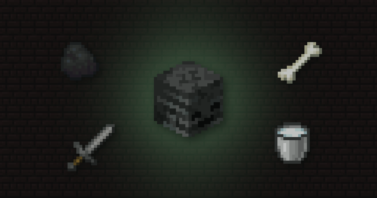 A wither skeleton skull surrounded by coal, a bone, a stone sword and a milk bucket on nether bricks