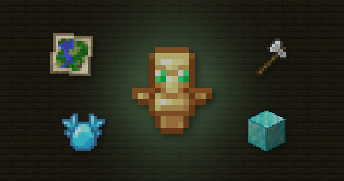 A totem of undying surrounded by a map, an iron axe, an allay spawn egg and a diamond block on dark oak planks