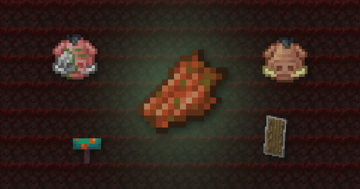 Rotten flesh surrounded by a zoglin spawn egg, a hoglin spawn egg, a warped fungus and a shield on crimson nylium
