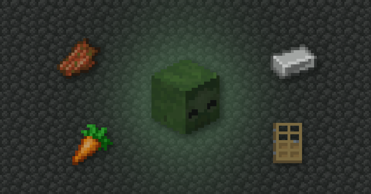 A zombie head surrounded by rotten flesh, an iron ingot, a carrot and an oak door on cobblestone