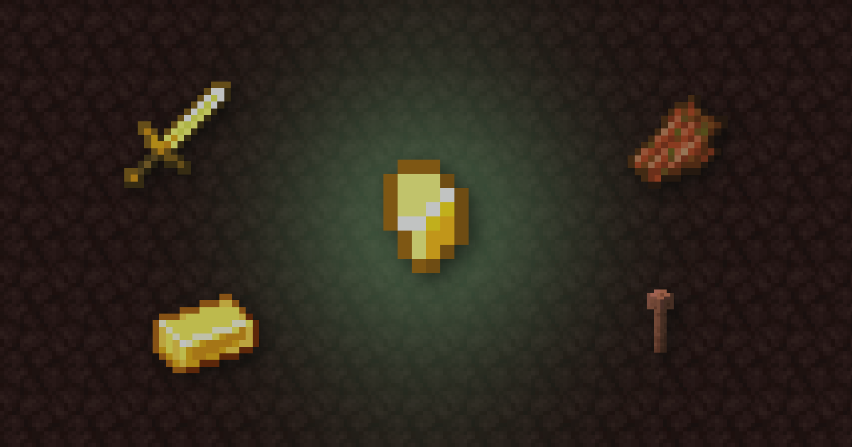 A gold nugget surrounded by a golden sword, rotten flesh, a gold ingot and a lightning rod on netherrack